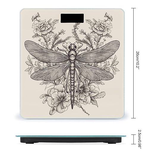 Hand Drawn Floral Dragonfly Weight Scale Large Bathroom Scales Digital Weight with Bright LED Display Non Slip Automatic Weighing Scale Fashion Weighing Machine for Body