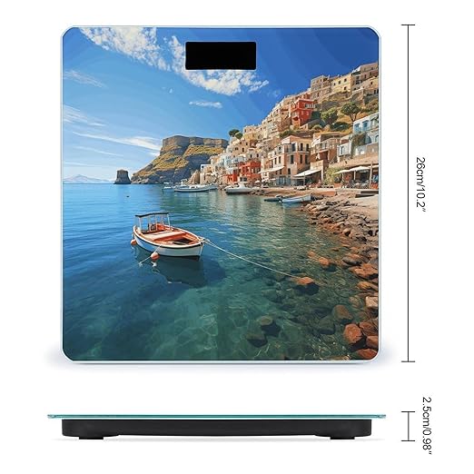 Seaside Town Scale for Body Weight Anti-Slip Tempered Glass Digital Bathroom Scales Clear LCD Display Weighing Scale Safe Rounded Corners Smart Scales