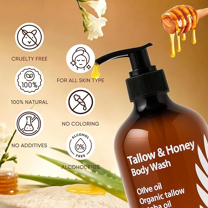 Tallow and Honey Body Wash Grass-Finished Tallow &amp Honey Organic Body Wash -10oz with Grass-Fed Tallow Olive Oil Aloe Vera Shea Butter and Jojoba Oil Clean &amp Hydrate Skin (1)