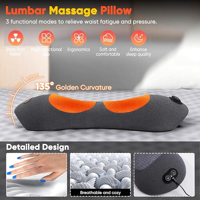 3 in 1 Back Massager Electric Lumbar Support Pillow Heat Vibration Massage Lower Back Spine Decompression Device Dark Gray
