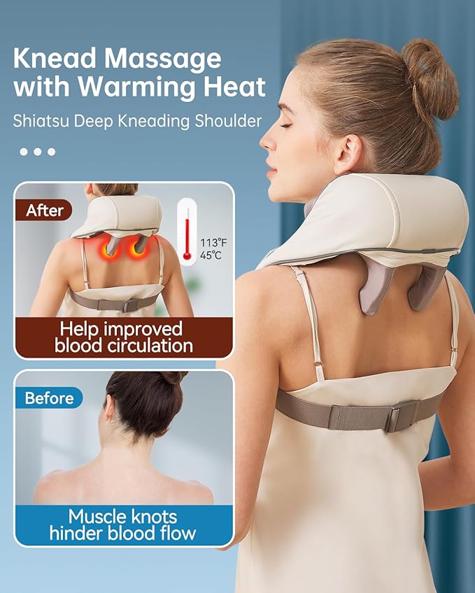 Neck and Shoulder Massager for Pain Relief Deep Tissue-Shiatsu Deep Kneading Massager with Heat to Relieve Neck Shoulder Back Waist Leg Muscle Soreness Fatigue (Beige)