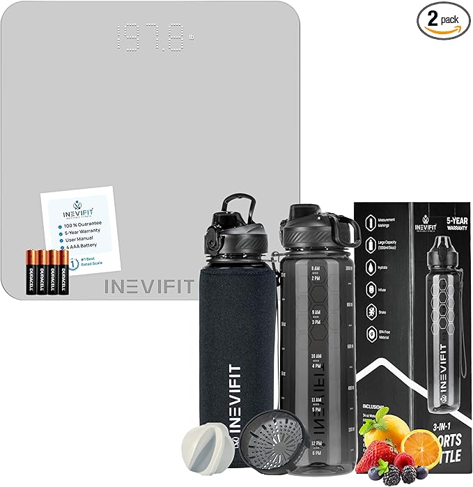 INEVIFIT Hydration &amp Wellness Bundle Premium Digital Bathroom Scale &amp 3-in-1 Sports Water Bottle for Active Lifestyles