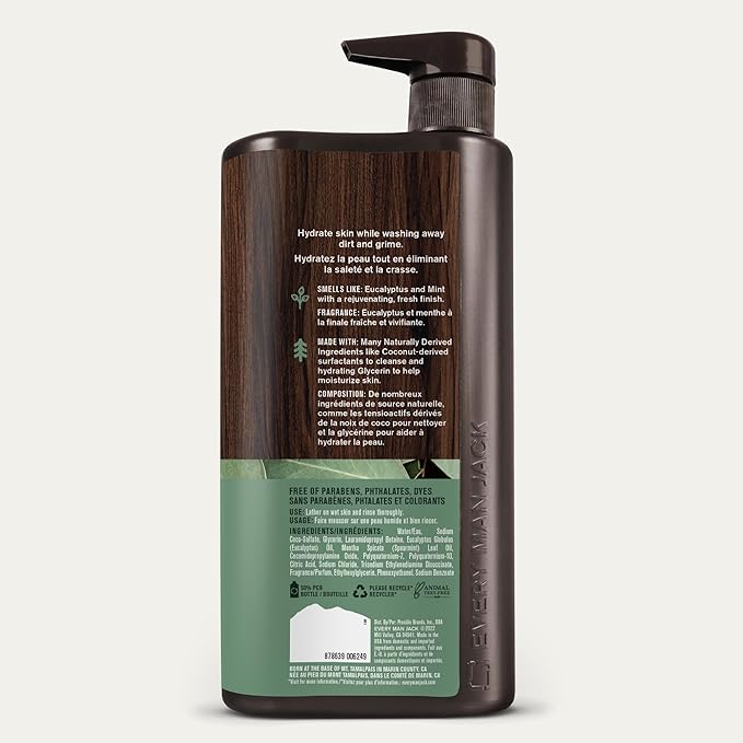 Every Man Jack Eucalyptus Mint Hydrating Mens Body Wash for All Skin Types - Cleanse Nourish and Hydrate Skin with Naturally Derived Ingredients - Paraben Free Phthalate Free Dye Free - 33.8oz