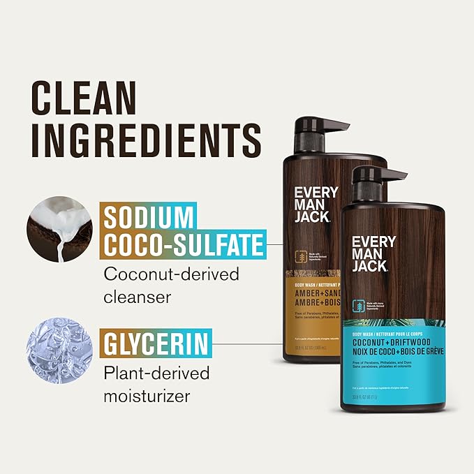 Every Man Jack Coconut + Driftwood &amp Amber + Sandalwood Mens Body Wash for All Skin Types - Cleanse Hydrate and Smell Great - Free of Parabens Phtalates and Dyes - 33.8 fl oz (2 Pack)