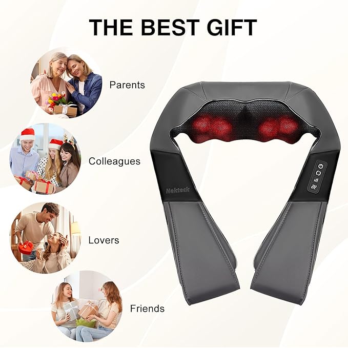 Nekteck Shiatsu Neck Massager with Heat for Pain Relief Deep Tissue 2026 Upgraded 3D Back Shoulder Kneading Massage Pillow Body Muscle Relaxation Tool Gifts for Him Her Mom Dad Gray (NOT Cordless)