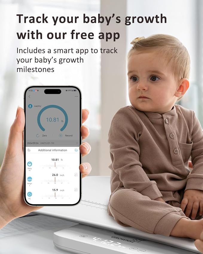 GROWNSY Smart Baby/Pet ScaleDigital Baby Weight Scale with App for Tracking Growth of Infant ToddlerPuppyand Cat—Supports Up to 330 lbs with Hold Function 27-inch Height Measurement5 Units