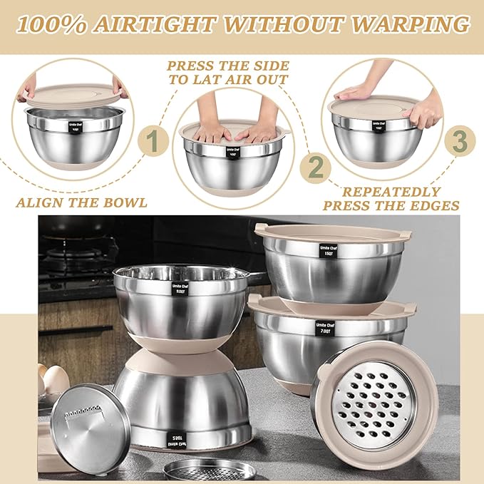 Mixing Bowls with Airtight Lids Set 26PCS Stainless Steel Khaki Bowls with Grater Attachments Non-Slip Bottoms &amp Kitchen Gadgets Set Size 7 4 2.5 2.01.5 1QT Great for Mixing &amp Serving