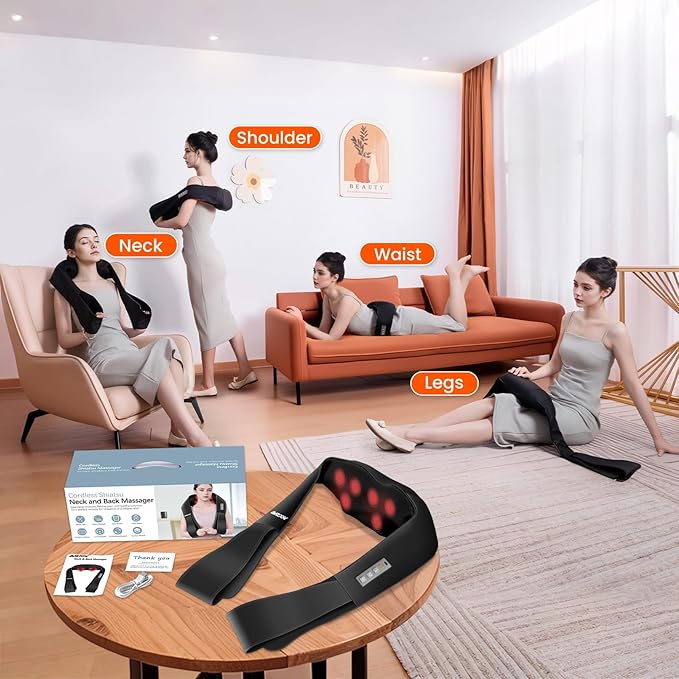 AMZPONY® Cordless Neck Massager for Pain Relief Deep Tissue Rechargeable Shiatsu Neck and Back Massager with Heat Kneading Shoulder Massage for Body Muscle Pain ReliefGifts for Dad Mom Friends