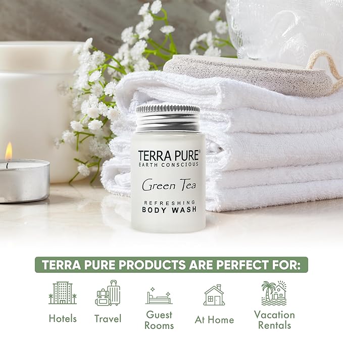 Terra Pure Travel Size Hotel Body Wash 300 Count 1 oz Bottles Guest Amenities for Hotels Vacation Rentals and Short Term Rentals Paraben Free Green Tea Scent Infused with Aloe and Olive Oil