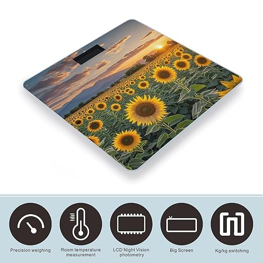 Beautiful Sunflower Field Sunset Scale for Body Weight Highly Accurate Digital Bathroom Body Scale Digital Bathroom Scales for People Anti-Slip Large LCD Display Smart Scales