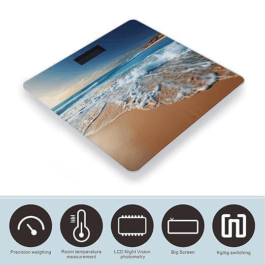 Blue Sea Sandy Beach Digital Bathroom Scale for Body Weight Weighing Scale with Backlit LCD Display High Precision Measurements &amp Measures Weight Up to 180kg