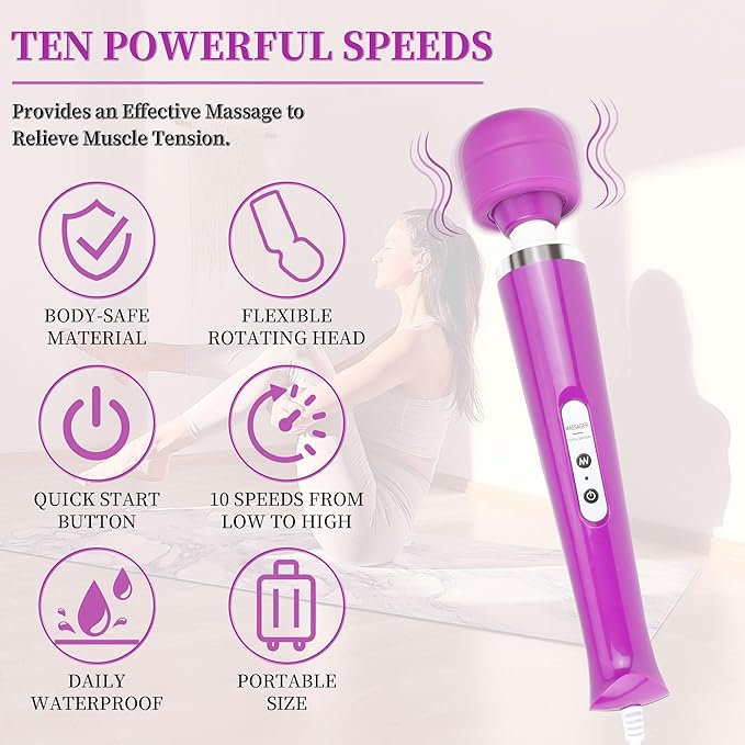 Wired Wand Massager for Women 10-Speed Electric Handheld Deep Tissue Massager Powerful Plug-in Full Body Muscle Recovery Tool for Neck Back Shoulder &amp Foot Relief (Purple)