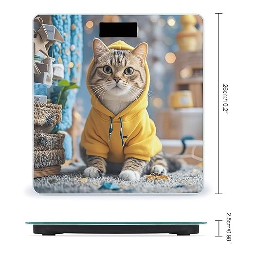 Cat in Yellow Hoodie Bathroom Scale for Body Weight Bathroom Weighing Scales with Back Lit LED Display Sturdy Tempered Glass Body Weight Bathroom Scale 400lb Weighing
