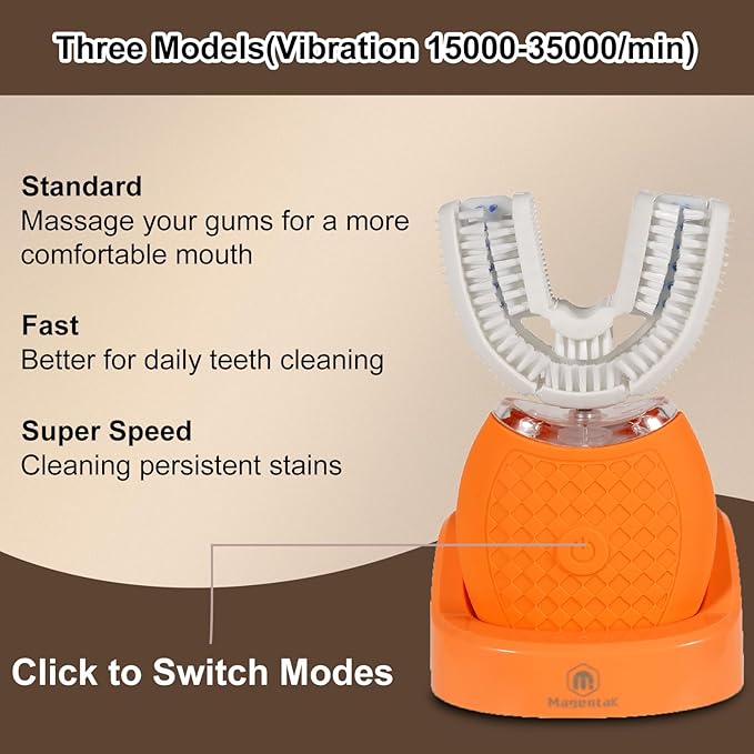 Electric U Shaped Toothbrush for Adult360 Degree Automatic Cleaning Ultrasonic Tooth Brush has 23760 Nylon Bristles and 3 Modes Standard Fast Ultra Fast(Orange)