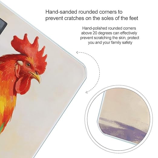 Colorful Rooster Weight ScaleClear LED Display Bathroom Digital Weighing ScaleTempered Glass Digital Bathroom Scale for Body Weight Capacity Up to 400 Lbs
