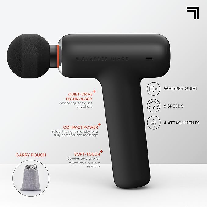 Sharper Image PowerBoost Core Mini Massage Gun| Portable Deep Tissue Percussion Massager with 6 Speeds| 4 Attachments| Quiet Motor| Cordless Muscle Recovery Tool with Carry Pouch