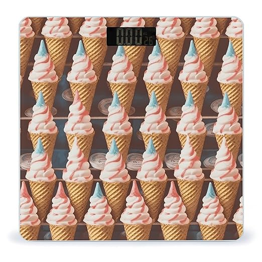 Ice Cream Cones Fifties Time Scale for Body Weight Anti-Slip Tempered Glass Digital Bathroom Scales Clear LCD Display Weighing Scale Safe Rounded Corners Smart Scales