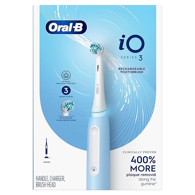 Oral-B Rechargeable Electric Toothbrush iO3 Clean &amp Protect 3 Cleaning Modes Visual Pressure Sensor to Protect Gums Blue