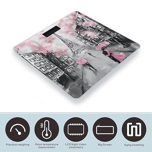 Paris Street Eiffel Tower Pink Floral Scale for Body Weight Anti-Slip Sturdy Tempered Glass Weighing Machine Highly Digital Accurate Bright LCD Bathroom Scale for Household Gift