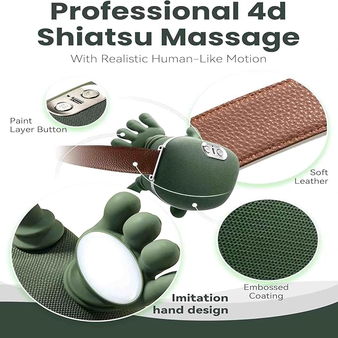 Neck Massager with Heat 4D Deep Tissue Shiatsu Neck Massage Machine for Pain Relief Electric Cervical Shoulder &amp Back Massager with Simulated Human Hand Kneading Muscle Relaxation (Green)
