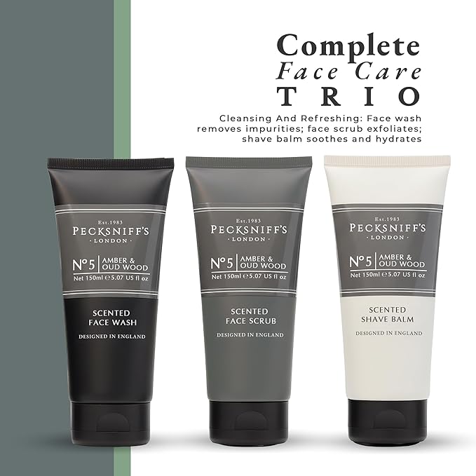 Pecksniff’s Men’s Trio Collection – Amber &amp Oud Wood – Face Wash Scrub &amp Shave Balm Gift Set 3 x 75ml