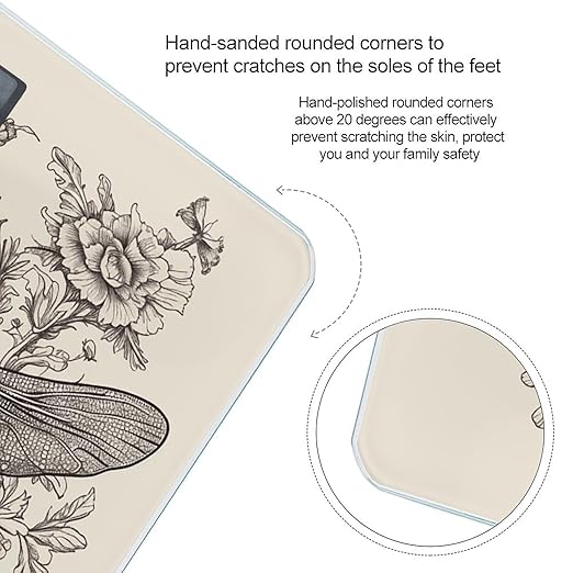 Hand Drawn Floral Dragonfly Weight Scale Large Bathroom Scales Digital Weight with Bright LED Display Non Slip Automatic Weighing Scale Fashion Weighing Machine for Body