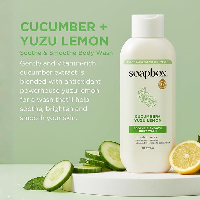 Soapbox Cucumber + Yuzu Lemon Body Wash for Women Men Vegan + Antioxidant Rich Soothing Moisturizing Soap with Shea Butter Peptides &amp Keratin Promoting B3 3 Pack 20oz Each