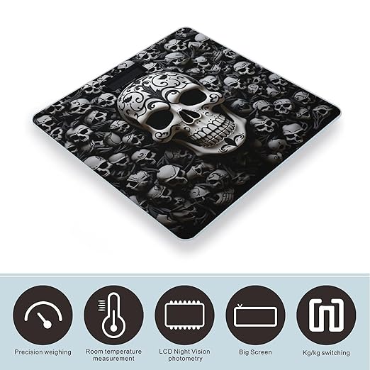 Black and White Skulls Scale for Body Weight High Precision Digital Weight Scales with LCD Display Anti-Slip Sturdy Slim Tempered Glass Bathroom Scale for Home Use