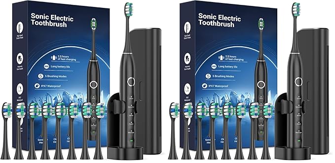 Rtauys S5 Upgraded Sonic Electric Toothbrush for Adults &amp Kids Ages-2+ with 8 Brush Heads IPX7 Travel Toothbrush with Case 2.5hrs Charge for 120 Days 5 Modes Built-in Smart Timer Black (Pack o