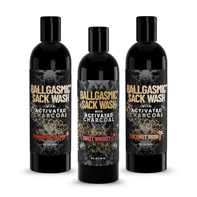 Derm Dude BallGasmic Men’s Grooming Bundle – Sweet Whiskey + Strawberry + Coconut Rush | Charcoal Body Wash for Odor Control Comfort &amp Daily Use – 3 x 8oz
