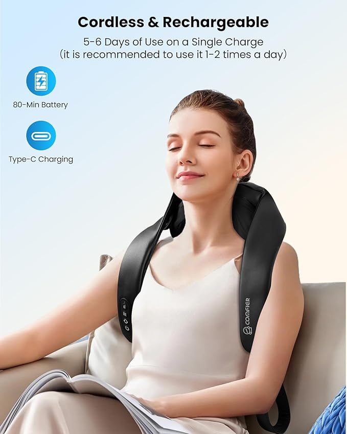COMFIER Shiatsu Neck Massager with Heat Cordless Neck and Shoulder Massager for Pain Relief Deep Tissue Graphene Heating 4D Kneading Massage Pillow -Black
