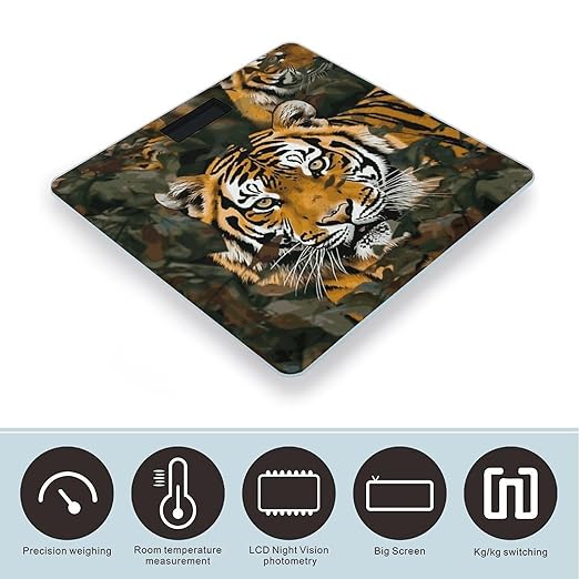 Camouflage Tiger Digital Bathroom Scale for Body Weight with High Precision Digital Weighing Scale with BMI Clear LCD Display and Step-On Measures Weight Up to 180kg