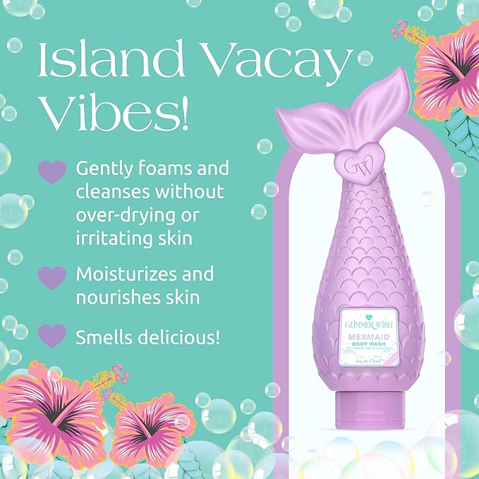 Glimmer Wish Mermaid Kids Bath &amp Lip Care Bundle – Gentle Sulfate-Free Body Wash (12 fl oz) + Glimmer Whip Hydrating Vegan Lip Balm Tropical Pineapple Scent