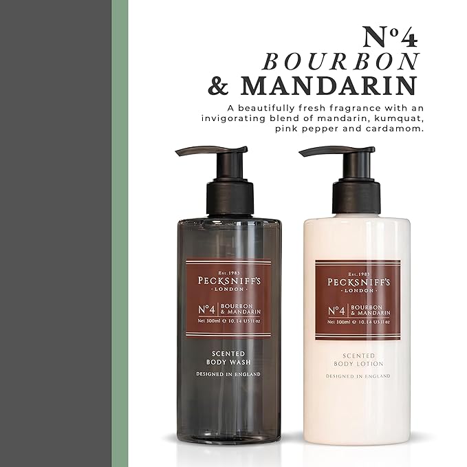 Pecksniffs Mens Bathing Duo Collection – Bourbon &amp Mandarin Scented Body Wash and Body Lotion Gift Set 2 x 250ml