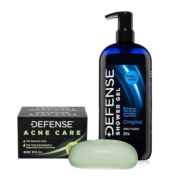 Defense Acne Care Bar Soap 4.2oz 2% Salicylic Acid (2-Pack) &amp Body Wash 32 oz - Natural Shower Gel