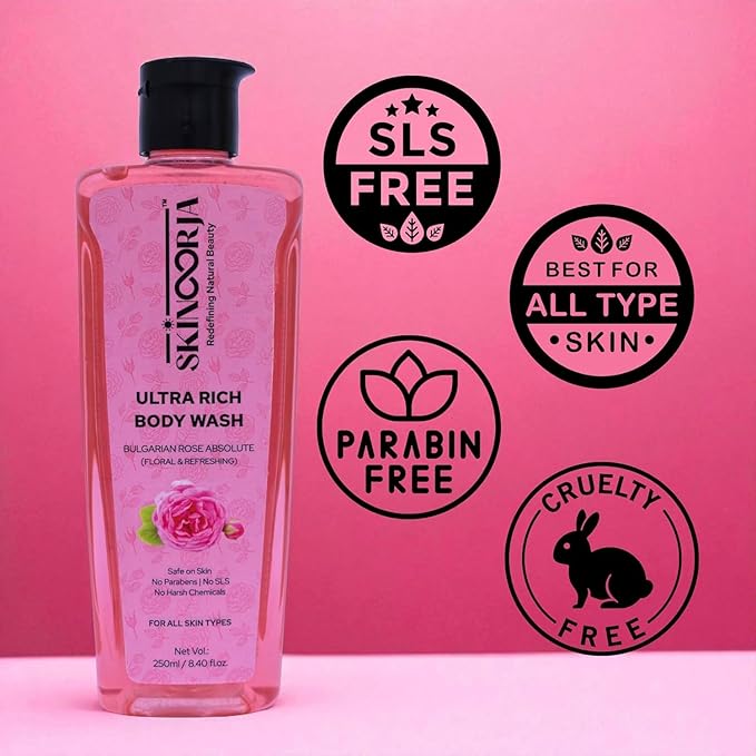 BEMT Ultra-Rich Body Wash – Bulgarian Rose | Refreshing Floral Scent | Gentle Hydrating Cleanser with Rose Water Aloe Vera Honey &amp Vitamin E | No SLS Parabens or Silicones – 250 ml