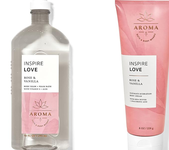 Bath &amp Body Works - Aromatherapy - Love - Rose Vanilla – 2 pc Bundle - Body Wash &amp Foam Bath &amp Body Cream -2020