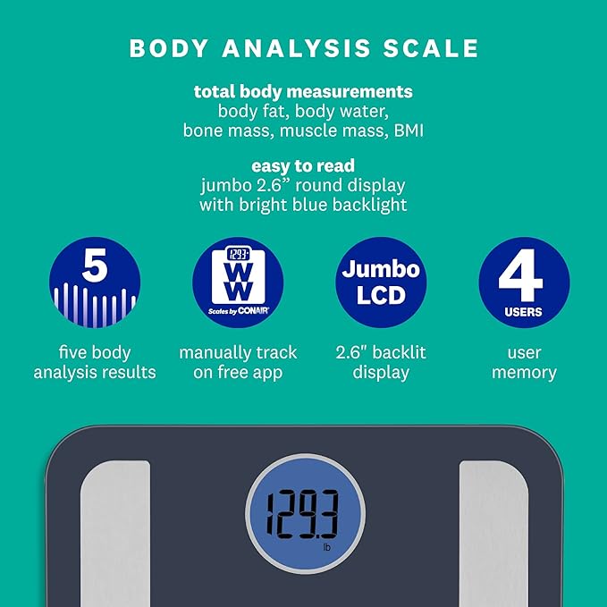 Weight Watchers Scales by Conair BathroomScale for BodyWeightGlass Digital ScaleBody Analysis Measures Body FatBody WaterBMIBone Mass&ampMuscle for 4UsersMeasures Weight up to 400Lbs in Black&a