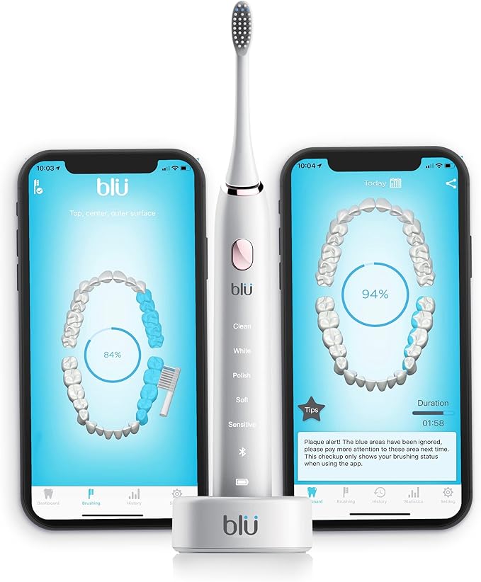 Blu Smart Electric Toothbrush Power Sonic Toothbrush with Interactive Live Tracking App for Adults (White)