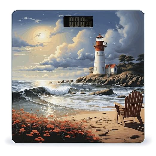 Sea Lighthouse Sandbeach Scale for Body Weight High Precision Digital Weight Scales with LCD Display Anti-Slip Sturdy Slim Tempered Glass Bathroom Scale for Home Use