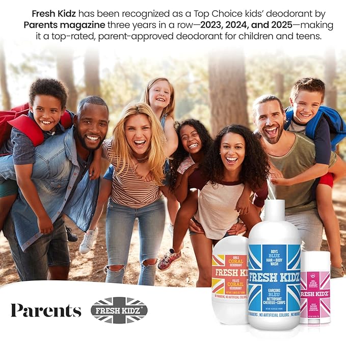 Fresh Kidz Hair &amp Body Wash 16.9 fl.oz. and 2 Roll On Deodorants 1.86 fl.oz. for Kids and Teens - Boys Blue Set