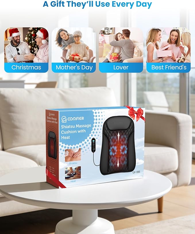 COMFIER Ultra-Slim Heated Back Massager for ChairDeep Tissue Shiatsu Back Massager with HeatUp–Down Moving 10 Massage NodesUpper/Lower/Full Back ReliefGift for Women &amp Men