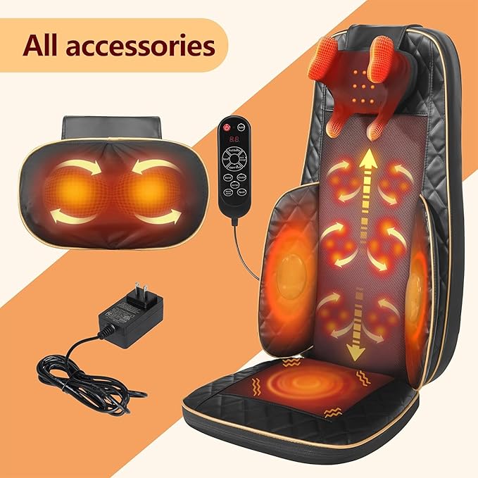 Neck and Back Massager with Heat - Shiatsu Full Back Walking Massager with Deep Kneading &amp Seat Cushion Vibration for Chair and Home Pain Relief Dual-Neck Detachable and Height Adjustment