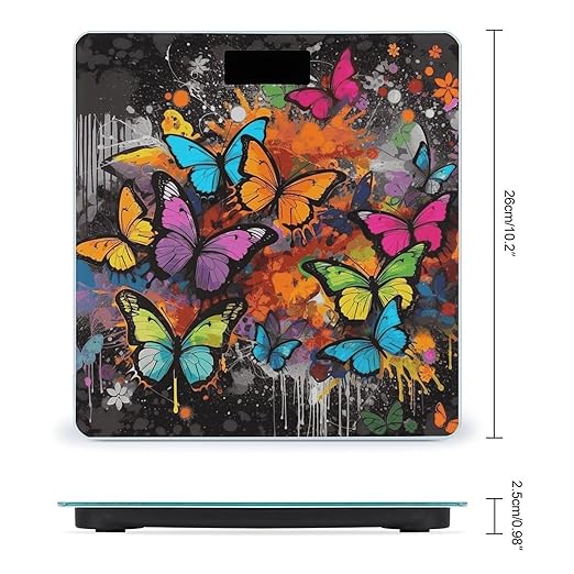 Art Graffiti Butterflies Print Bathroom Scale Automatic Power On/Off Body Scales LCD Backlight Display Square Digital Scale Rounded Corners Bathroom Scales for Home Bedrooms