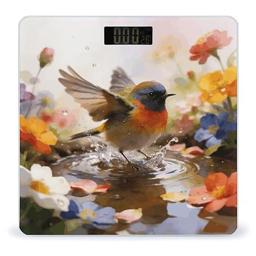 Bird Bathing Flowers Weight ScaleClear LED Display Bathroom Digital Weighing ScaleTempered Glass Digital Bathroom Scale for Body Weight Capacity Up to 400 Lbs