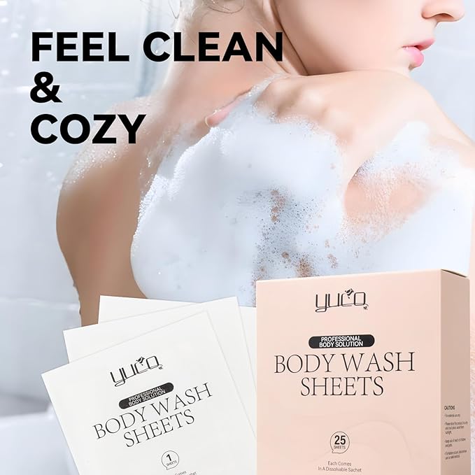 YUCO Travel Body Wash Sheets Travel Pack 25 SheetsIndividual Sachetfor Body WashCamellia Japonica ScentFor GymCampingVacationHotelsHospitalBusiness TripFlight Travel Essentials