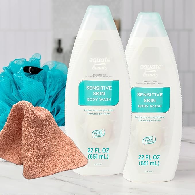 Sensitive Skin Body Wash Equate 2X 22 fl. Oz. (2 Pack) with LeSue Washcloth (Assorted Colors)