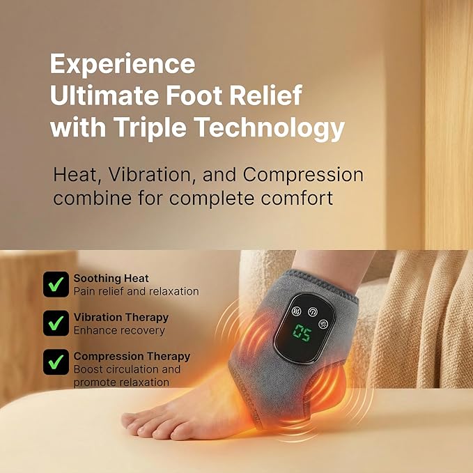 Triple Method Therapy Foot Ankle Massager - Massage for Neuropathy with 5 Heat Levels Vibration Modes Compression - Portable Heating Wrap Device for Pain Relief Rejuvenate Feet Circulation