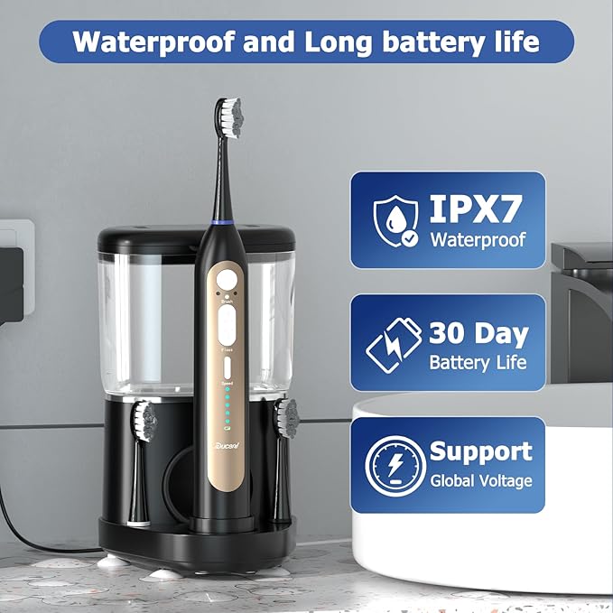 Electric Toothbrush with Water Flosser Upgrade Flossing Toothbrush Combo with 3 Brush 5 Floss Speeds&amp 3 Brush Modes 500mL Tank 30-Day Battery for Adults &amp Teens Gums Braces-Black