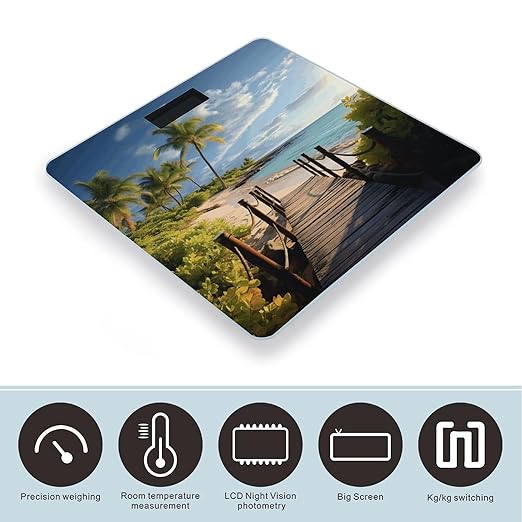 Palm Trees Beach Sea Ocean Scale for Body Weight Precision Bathroom Weighing Scales with Back Lit LCD Display Sturdy Tempered Glass Body Weight Scales Digital Bathroom Scale 400lb